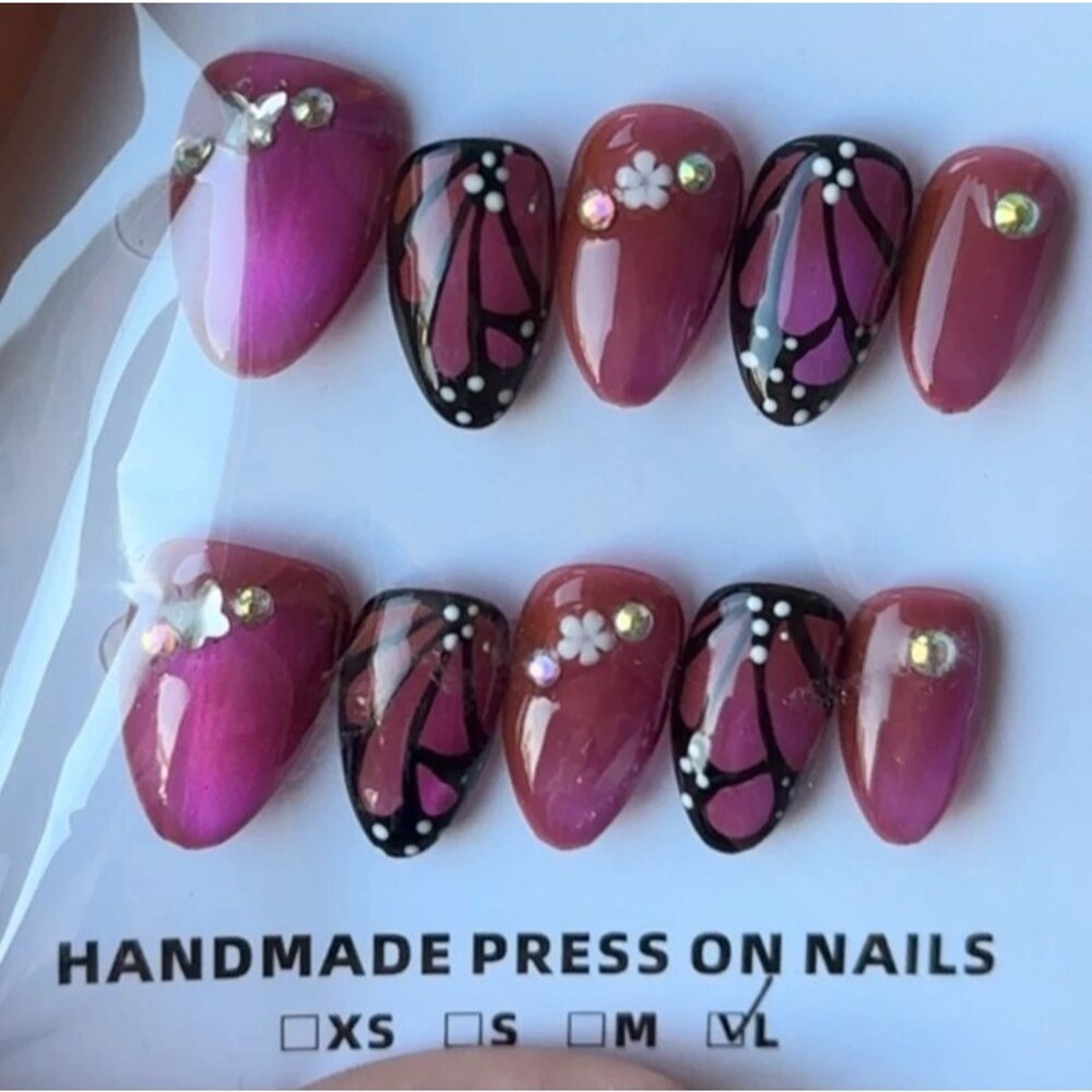 Purple Cat Eye Butterfly Short Almond Press On Nails Size Large